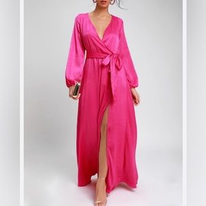 LULU'S SZ Small Fuchsia Dress, Satin Maxi Dress , Long Sleeve Dress